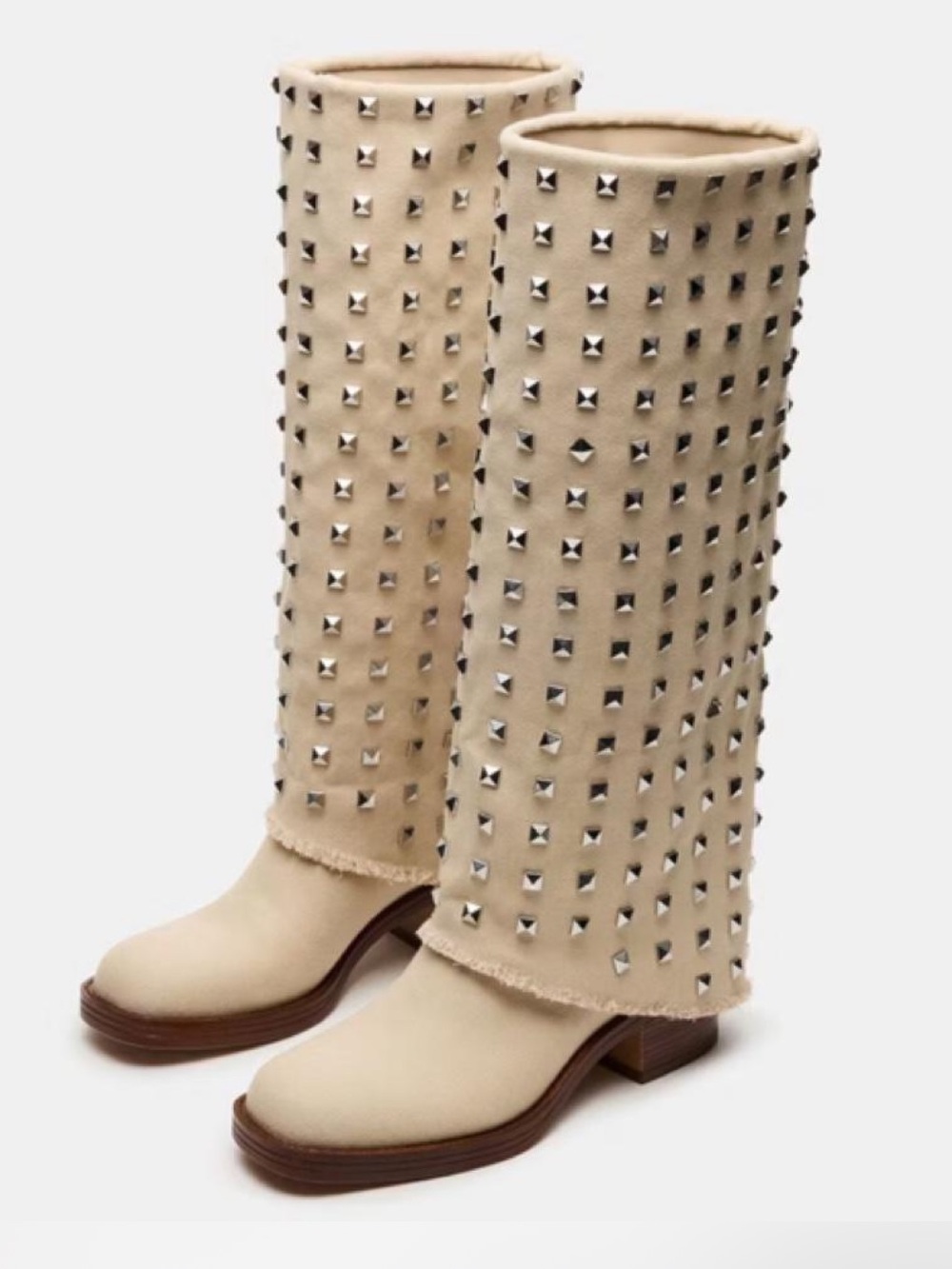 Studded Knee-High Beige Women's Boots